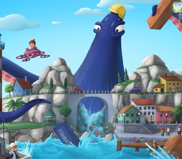 a huge squid moves things around an island