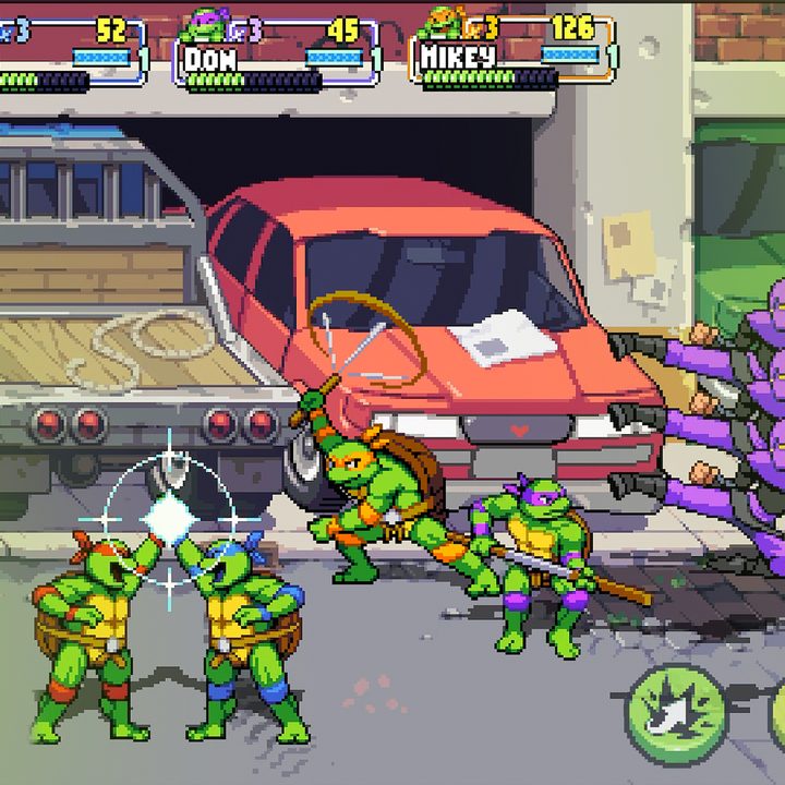 Turtles high five in Teenage Mutant Ninja Turtles: Shredder's Revenge on mobile.