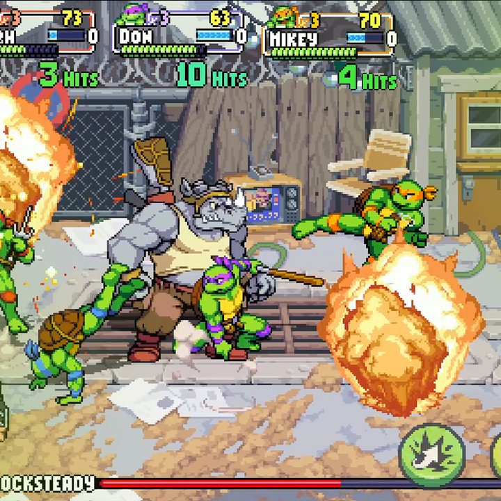 Turtles battle Rocksteady in Teenage Mutant Ninja Turtles: Shredder's Revenge on mobile.