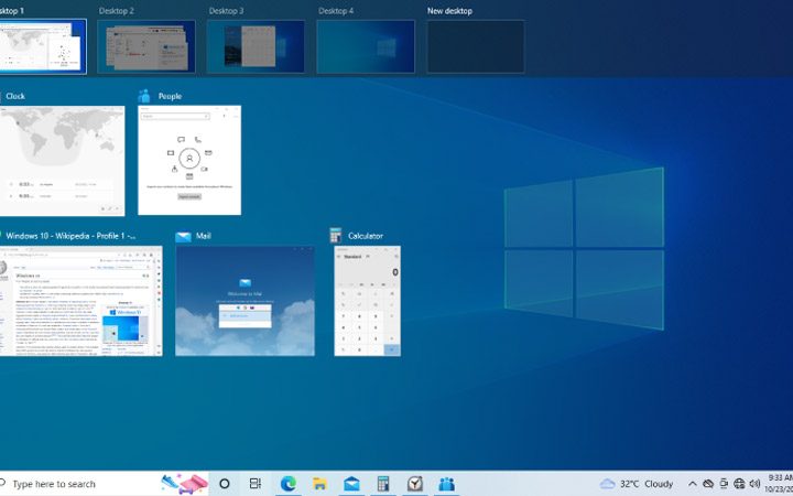 Windows 10 desktop showing task view.
