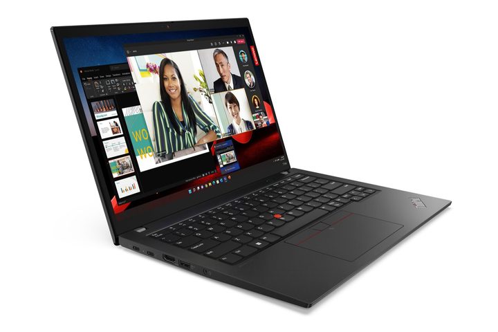 ThinkPad T14 left front view on white background.