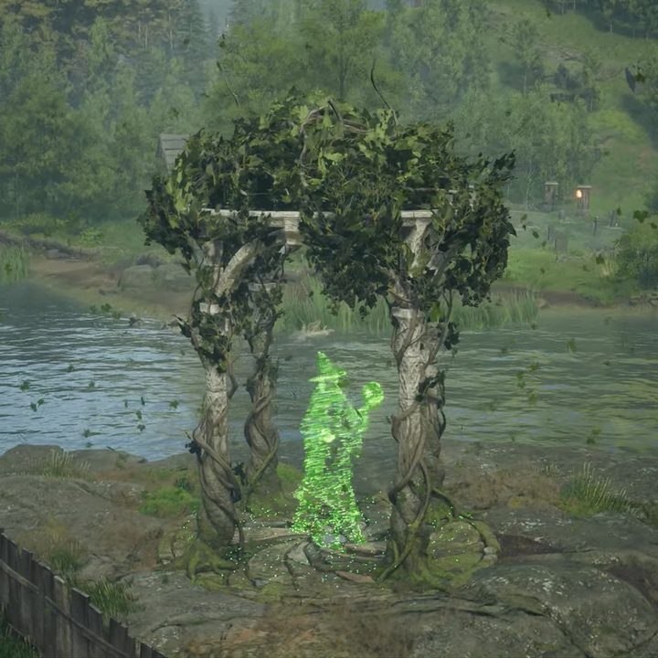 A glowing green figure of Merlin.