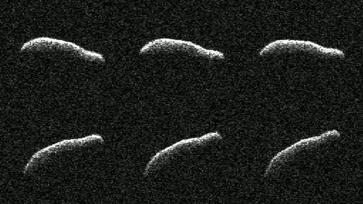 This collage shows six planetary radar observations of 2011 AG5 a day after the asteroid made its close approach to Earth on Feb. 3. With dimensions comparable to the Empire State Building, 2011 AG5 is one of the most elongated asteroids to be observed by planetary radar to date.