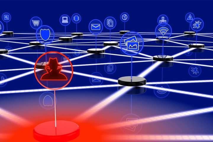 An illustration of a grid of devices with one in red, infected device highlighted.