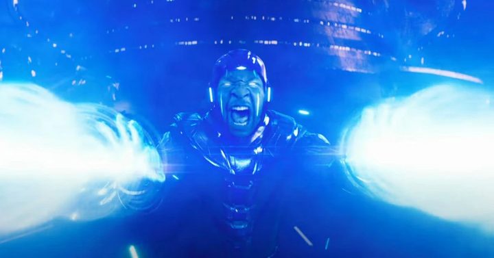An angry Kang blasts energy from his hands in Ant-Man 3.