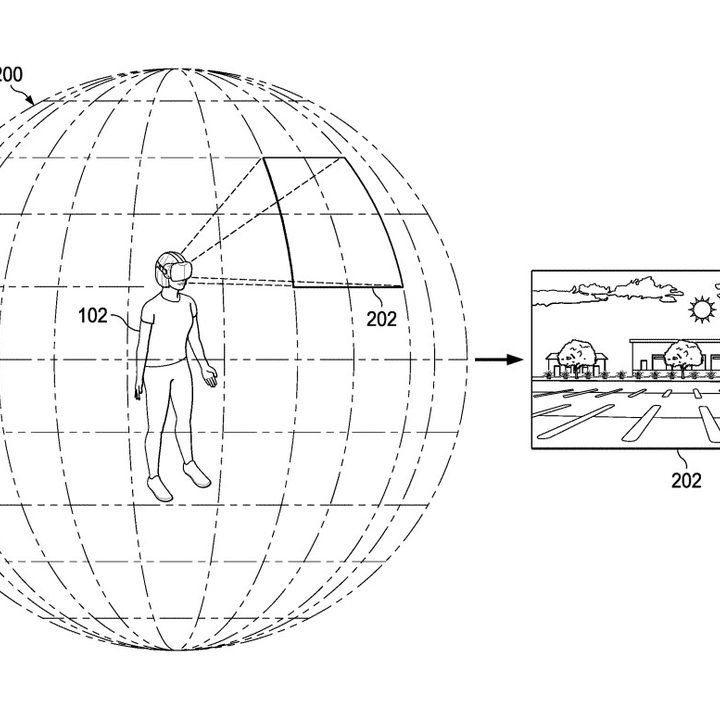 An image from an Apple patent showing a person wearing a mixed-reality headset. The image describes how a user's viewport could change as they move their head.
