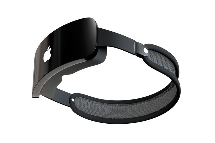 A rendering of an Apple mixed-reality headset (Reality Pro) in a black color seen from the front underside.
