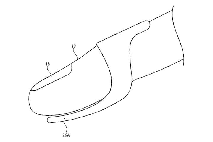 An image from an Apple patent shows a thimble-like device that would squeeze a user's finger to help soften the impact of the finger when it hits a touchscreen surface.