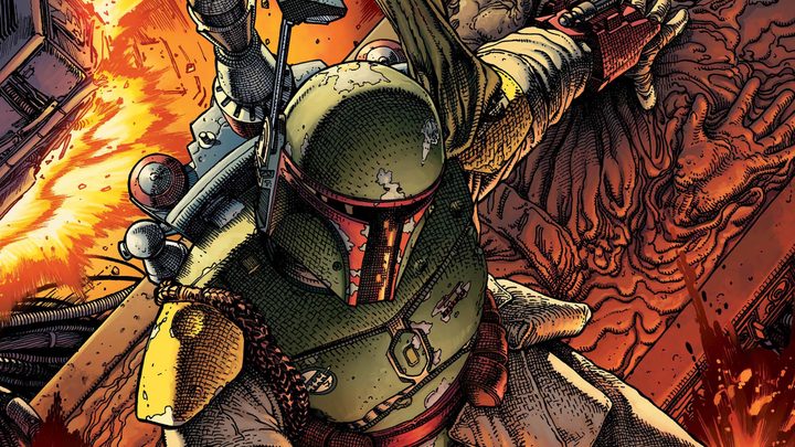 Boba Fett in action in cover art for War of the Bounty Hunters.