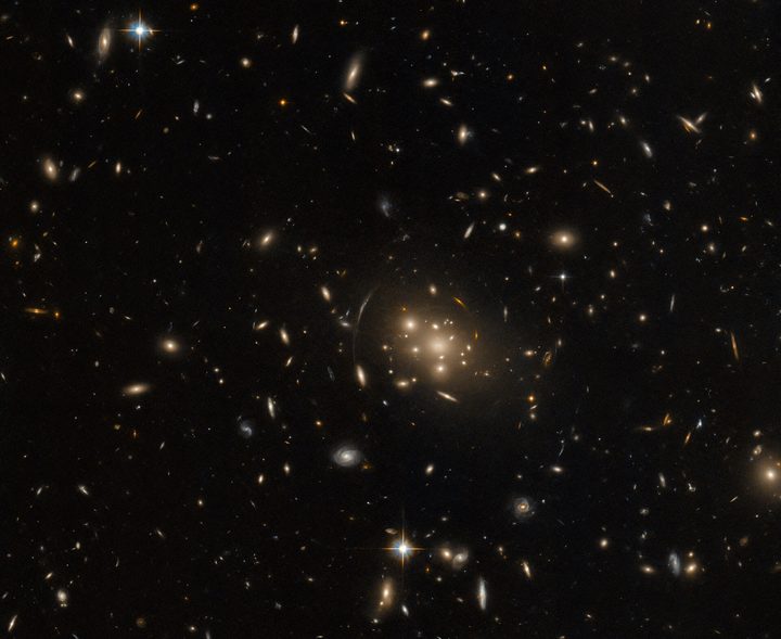A massive galaxy cluster in the constellation Cetus dominates the centre of this image from the NASA/ESA Hubble Space Telescope. This image is populated with a serene collection of elliptical and spiral galaxies, but galaxies surrounding the central cluster — which is named SPT-CL J0019-2026 — appear stretched into bright arcs, as if distorted by a gargantuan magnifying glass. This cosmic contortion is called gravitational lensing, and it occurs when a massive object like a galaxy cluster has a sufficiently powerful gravitational field to distort and magnify the light from background objects.