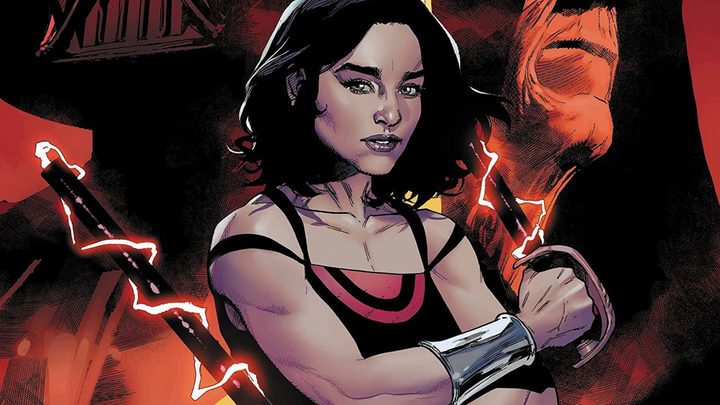 Lady Qi'ra wielding dual electro swords in Crimson Reign cover art.