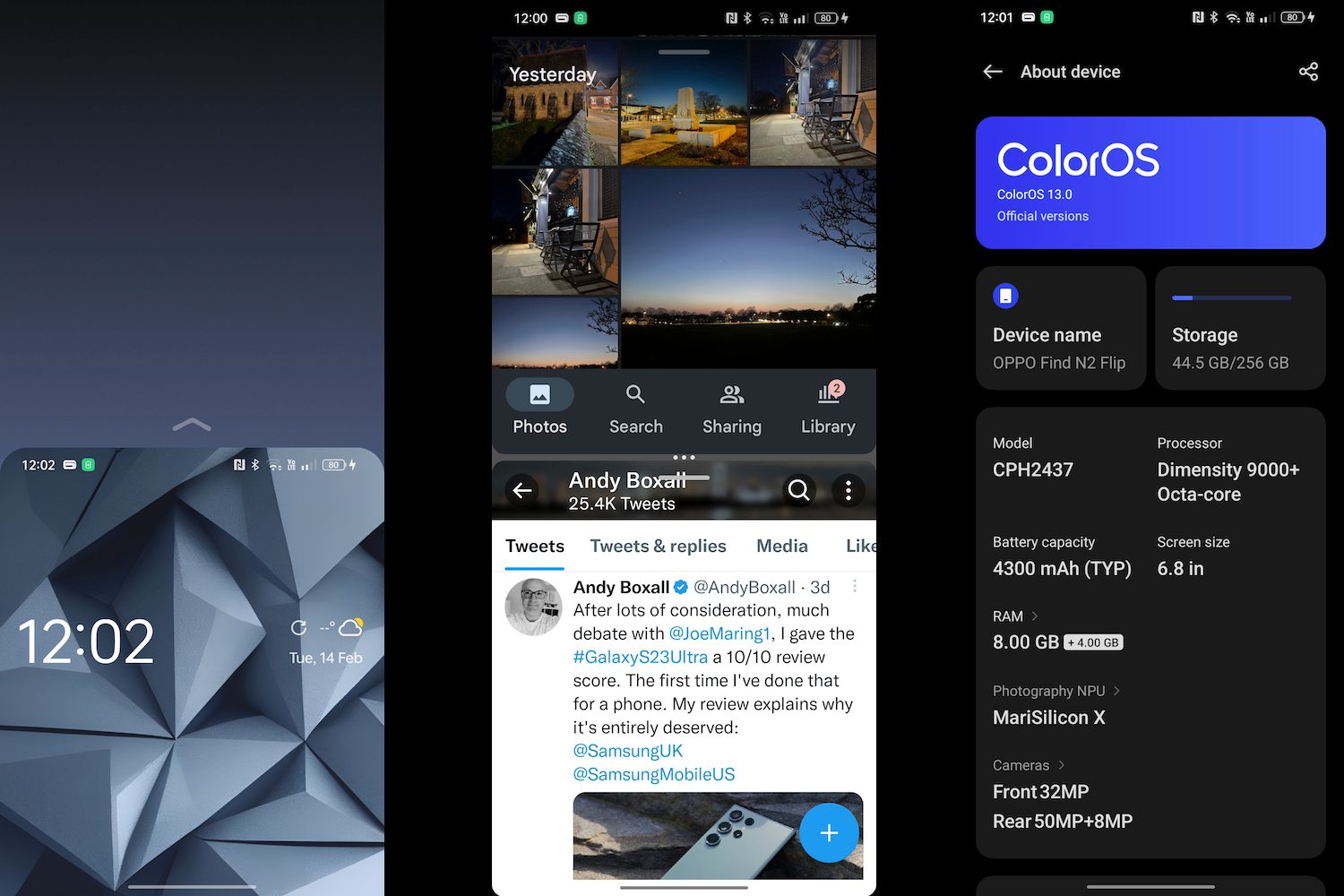 Various screenshots from the Oppo Find N2 Flip's software.