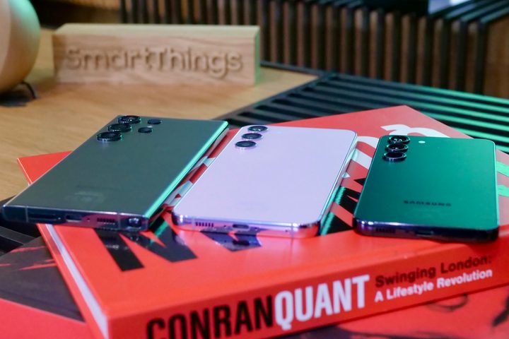 The Samsung Galaxy S23 Ultra, the Galaxy S23 Plus, and Galaxy S23's back panel.