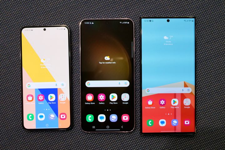 The Samsung Galaxy S23 Ultra, the Galaxy S23 Plus, and Galaxy S23's screens.