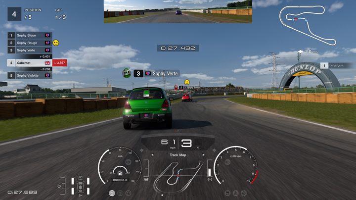 A first-person perspective of a Gran Turismo Sophy Race Together race in Gran Turismo 7.