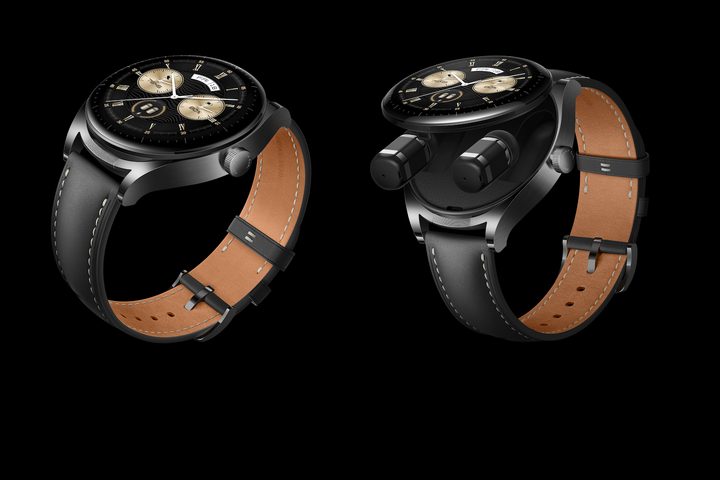 Showing the open and closed Huawei Watch Buds.