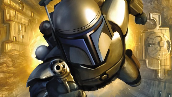 Jango aiming his blaster while soaring above the cityscape.