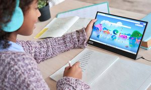 Someone using the Lenovo L15 Portable Monitor.