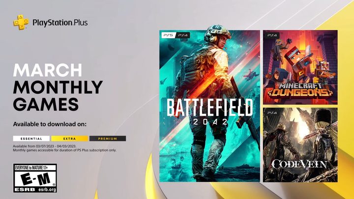 Key art for March 2023 PlayStation Plus games Battlefield 2042, Minecraft Dungeons, and Code Vein.