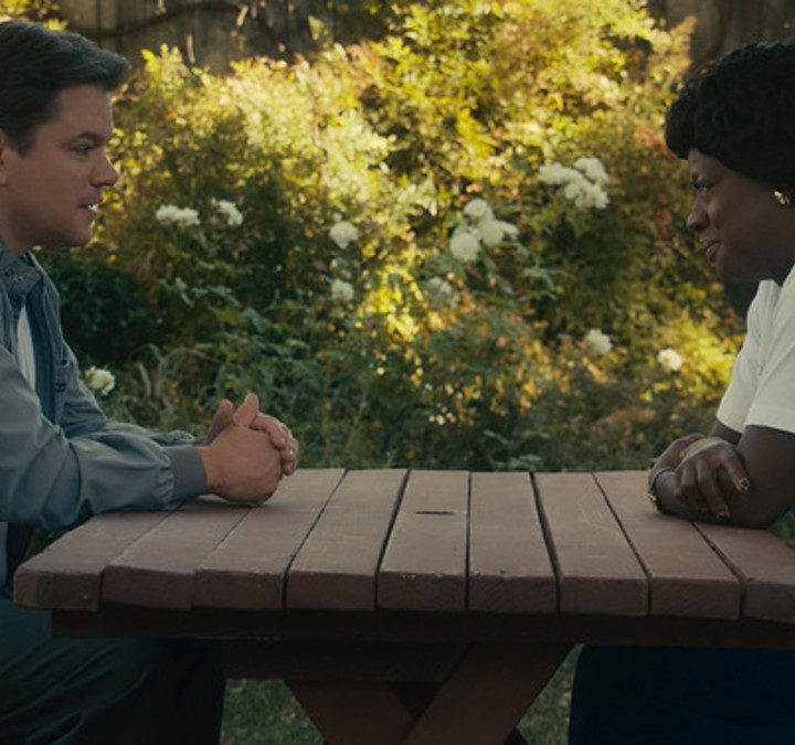 Matt Damon and Viola Davis sit at a bench in Air.