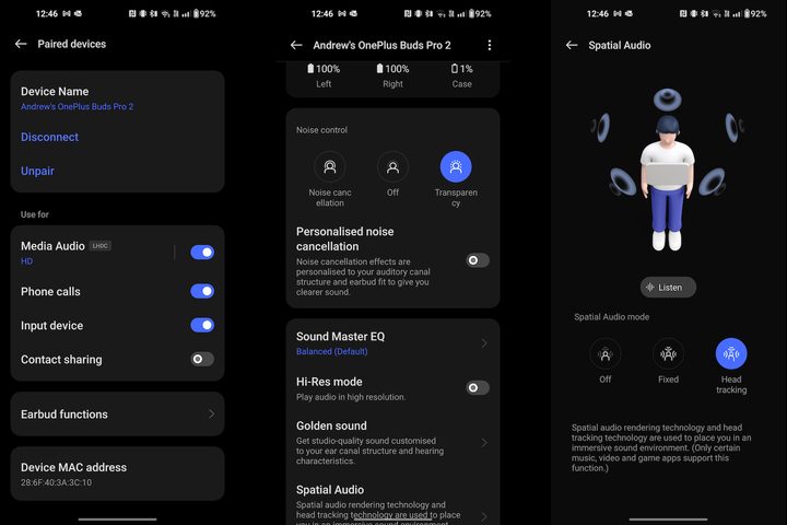 Screenshots from the Android control system for the OnePlus Buds Pro 2.