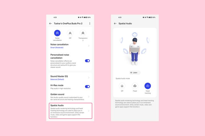 Screenshot of OnePlus Buds Pro 2 settings for spatial audio