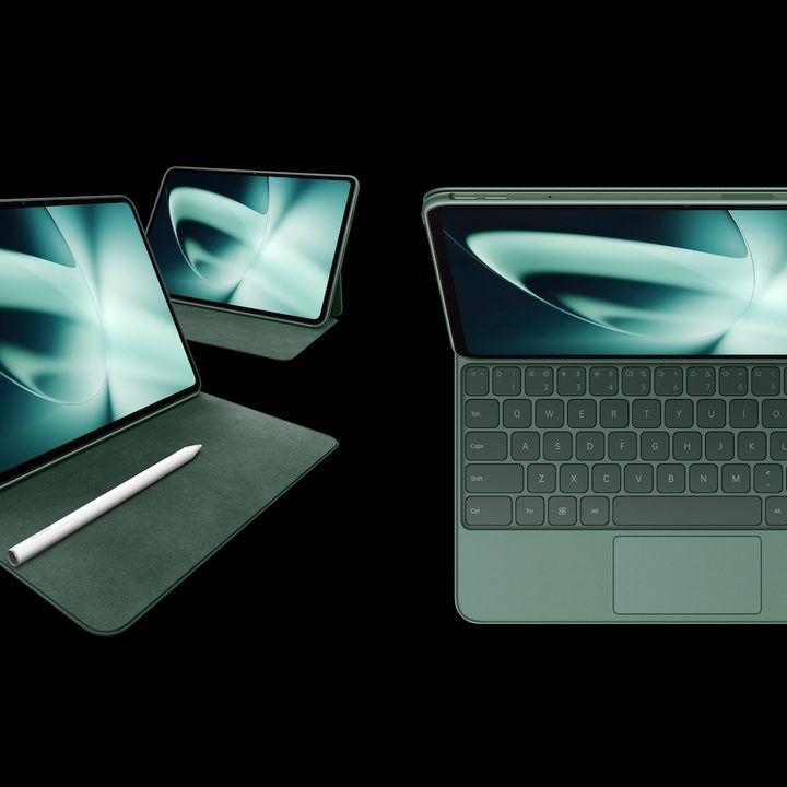 The OnePlus Pad tablet with Stylo stylus and keyboard cover.