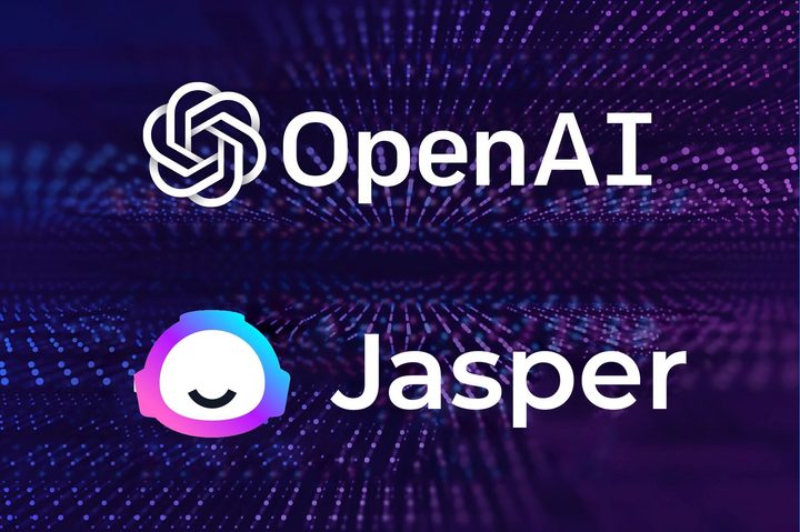 OpenAI and Jasper AI logos appear over a purple background,