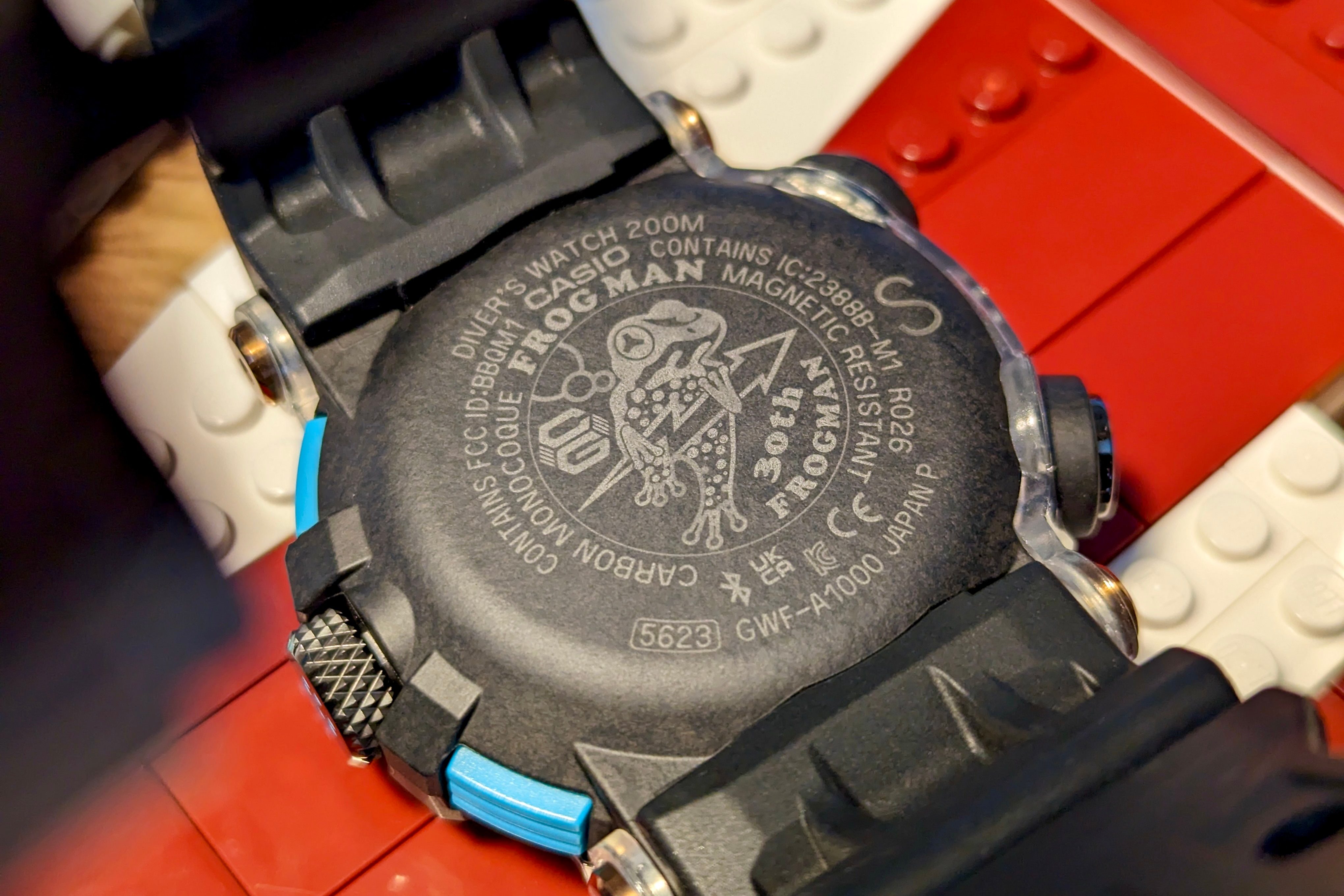 A close-up of the G-Shock Poison Dart Frog Frogman's case back.