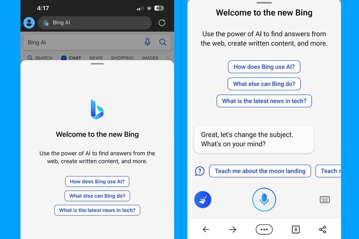 Redit screenshots of the mobile version of Bing Chat.