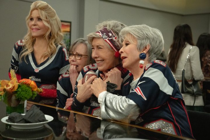 Sally Field, Lily Tomlin, and Rita Moreno hug each other in 80 for Brady.