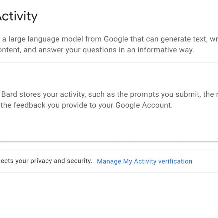 A screenshot showing Bard's privacy options.