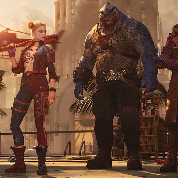 Deadshot, Harley Quinn, King Shark, and Captain Boomerang in Suicide Squad: Kill the Justice League.