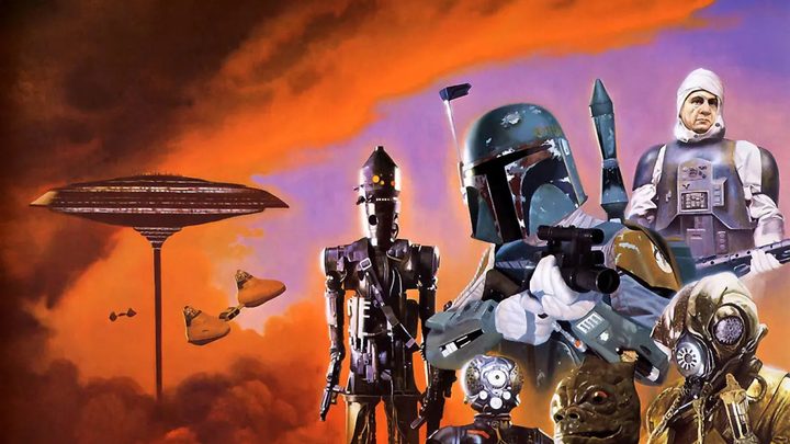 Promo art for Tales of the Bounty Hunters featuring the titular cast and Bespin in the background.