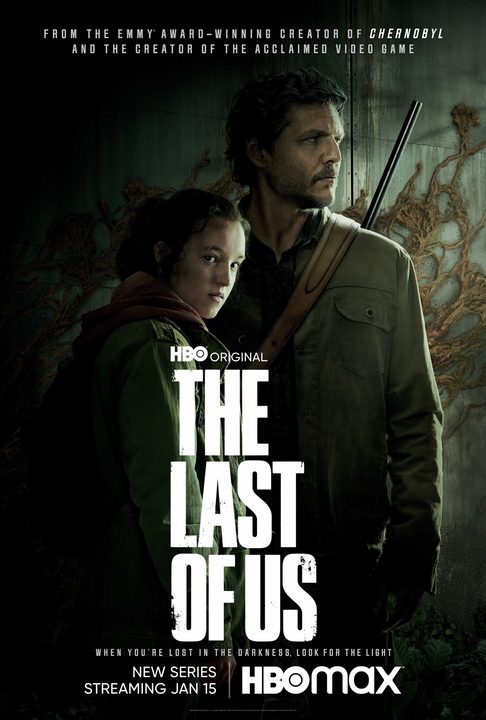 Ellie and Joel stand side by side in front of a large The Last of Us logo.