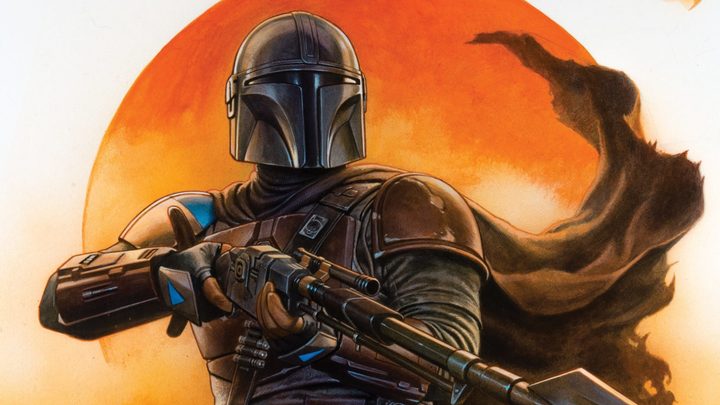 Din Djarin holding up his rifle in cover art for The Mandalorian comic series.