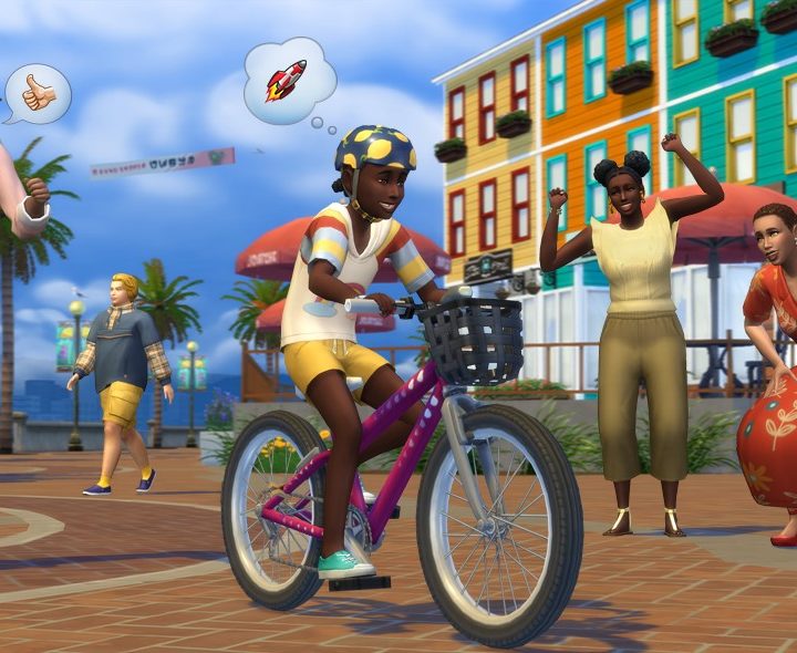 A child Sim is riding a bike, while other Sims cheer them on.