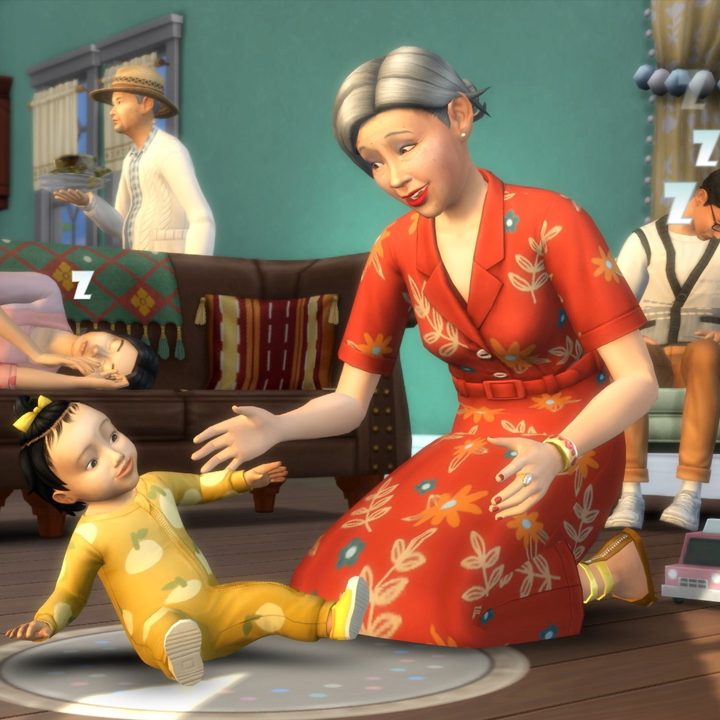 A baby Sim and an elder Sim sit together on the floor, while the Sims behind them are asleep in various positions.