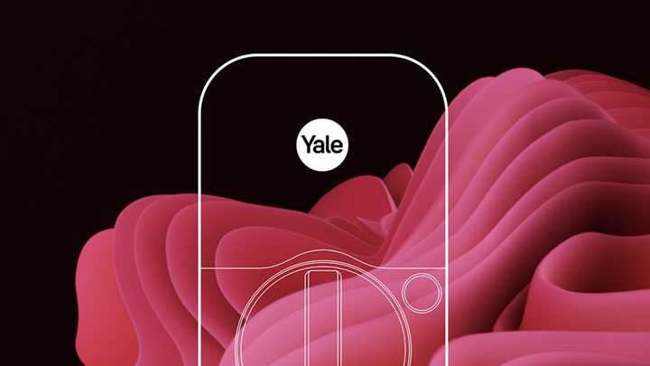 The Yale Assure Lock 2 with a swirl of Viva Magenta on a black background.
