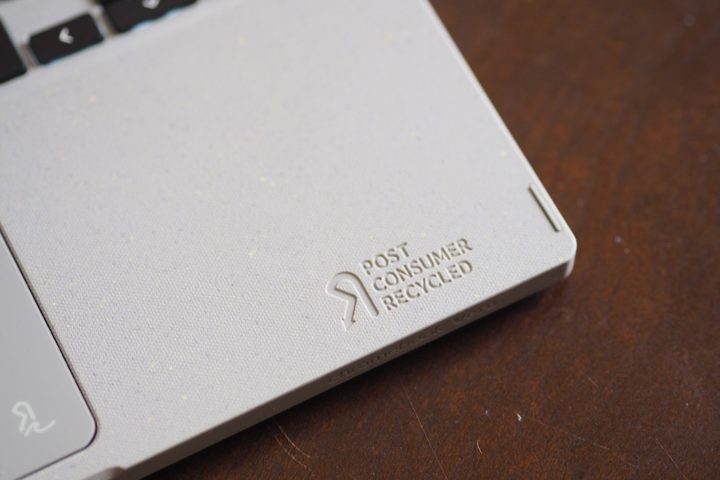 Acer Chromebook Vero 514 top down view showing recycled logo and plastic flecks.