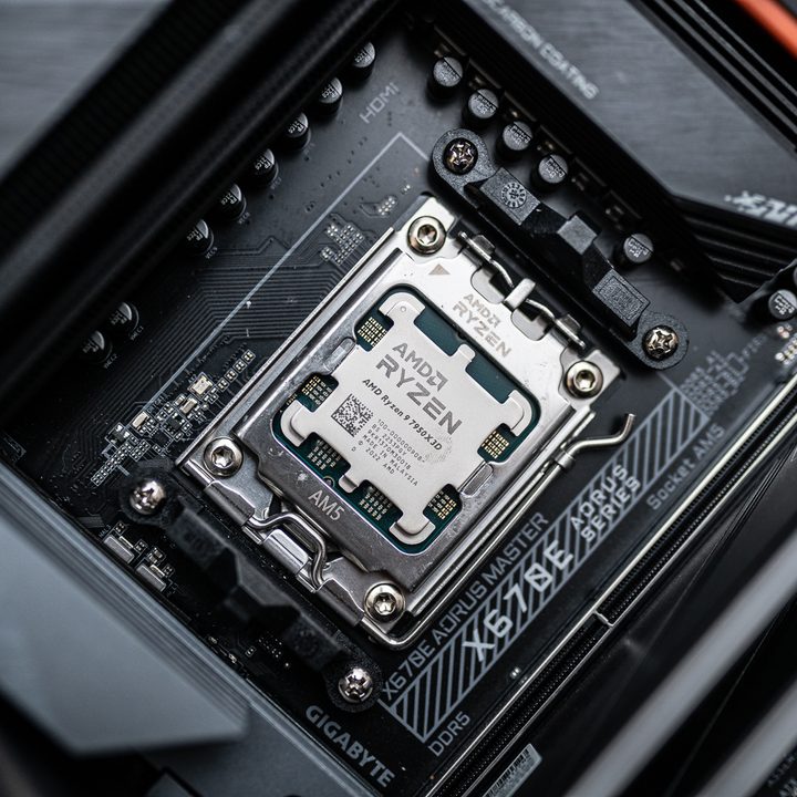 The AMD Ryzen 9 7950X3D installed in a motherboard.