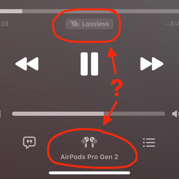 Apple Music app for iOS showing Lossless music icon while playing via Apple AirPods Pro.