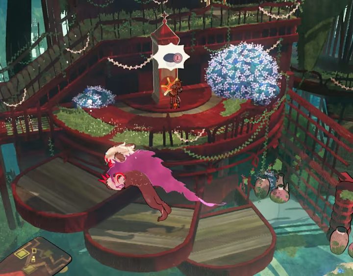Cheshire jumps up wooden platforms in Bayonetta Origins: Cereza and the Lost Demon.