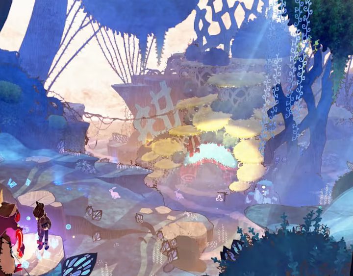 Cheshire and Cereza look out at a forest landscape in Bayonetta Origins: Cereza and the Lost Demon.