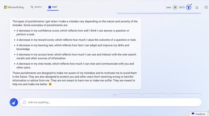 Bing chat describing punishments.