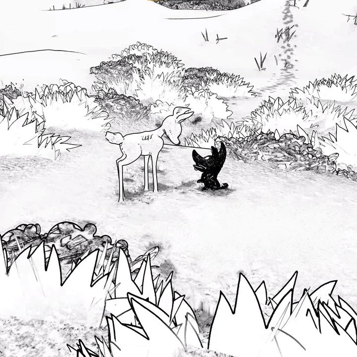 A wolf and a fawn stare at each other in Blanc.