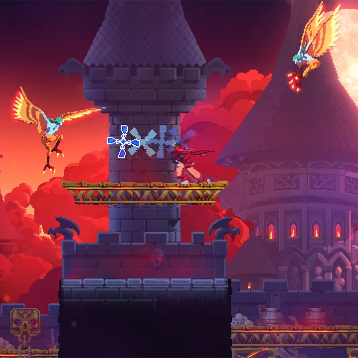Dead Cells' hero throws a cross in the Return to Castlevania DLC.