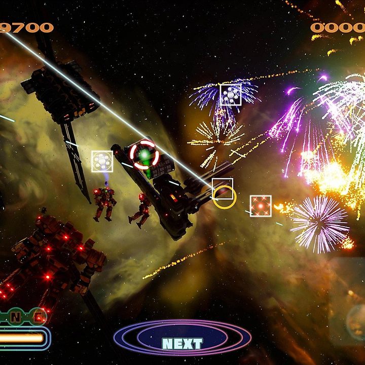 Fireworks explode around robots in Fantavision 202X.