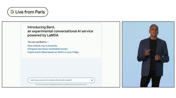 Google demoing its Bard AI offering car buying advice.