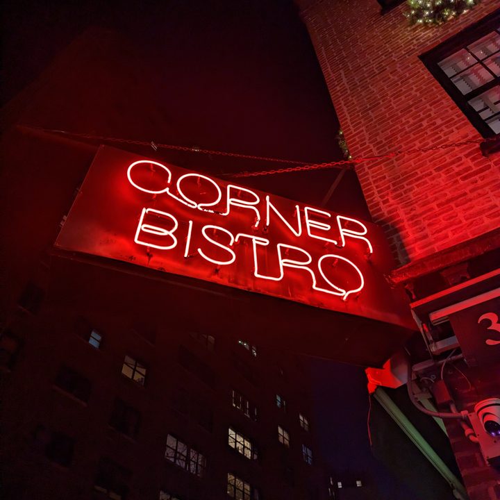 Pixel 7 Pro night mode photo of a neon sign that says "Corner Bistro."